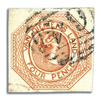 Stamp of Australia » Tasmania 1853 4d Bright Red-Orange, plate 2, earliest impre