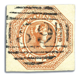 Stamp of Australia » Tasmania 1853 4d Bright Red-Orange, plate 2, earliest impre