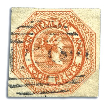 Stamp of Australia » Tasmania 1853 4d Brownish-Orange, plate 2, earliest impress