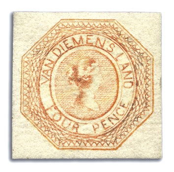 Stamp of Australia » Tasmania 1853 4d Orange pl.1 2nd state worn impression, two
