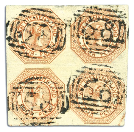 Stamp of Australia » Tasmania 1853 4d Orange, plate 1, state 2, block of four, p