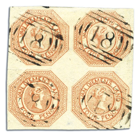 Stamp of Australia » Tasmania 1853 4d Orange, plate 1, state 2, block of four, c