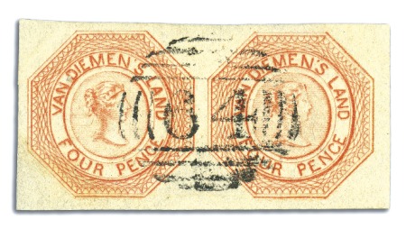 Stamp of Australia » Tasmania 1853 4d Orange, plate 1, state 2, pair with large 