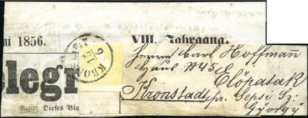 Stamp of Austria » Newspaper Stamps 1851 1856 YELLOW MERCURY tied to address label and part