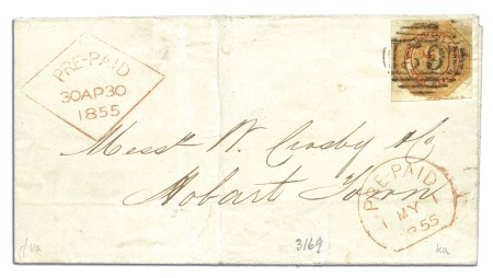 Stamp of Australia » Tasmania 1855 (Apr 30) Wrapper from Launceston to Hobart wi