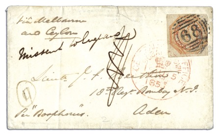 Stamp of Australia » Tasmania 1855 (Jun 15) Envelope from Hobart to ADEN with 18