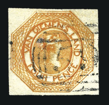 Stamp of Australia » Tasmania 1853 4d Orange used, plate 2, earliest impression,
