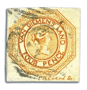 Stamp of Australia » Tasmania 1853 4d Orange used, plate 2, intermediate impress