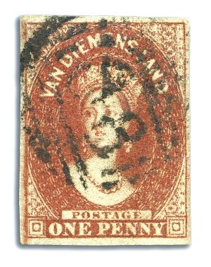 Stamp of Australia » Tasmania 1855 1d Carmine used, fine to good margins, "68" n
