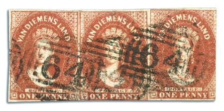 1855 1d Carmine used strip of three, touched at fo