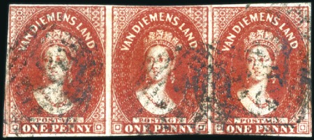 1855 Chalon 1d carmine used strip of three, one st