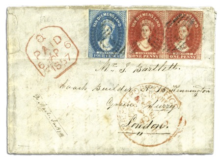 Stamp of Australia » Tasmania 1856 (Dec 24) Wrapper from Hobart to England with 