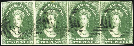 Stamp of Australia » Tasmania 1855 2d Deep Green used strip of four, close to go