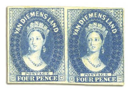 Stamp of Australia » Tasmania 1855 4d Blue unused pair, very close to large marg