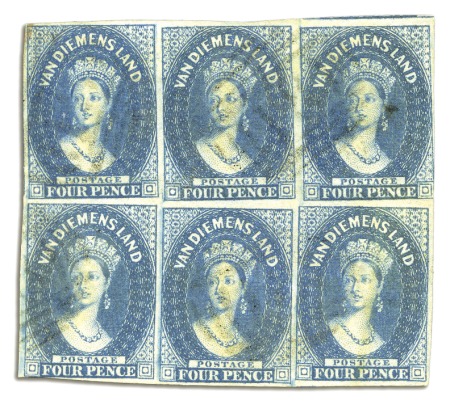 Stamp of Australia » Tasmania 1855 4d Deep Blue used block of six, pos.101/115, 