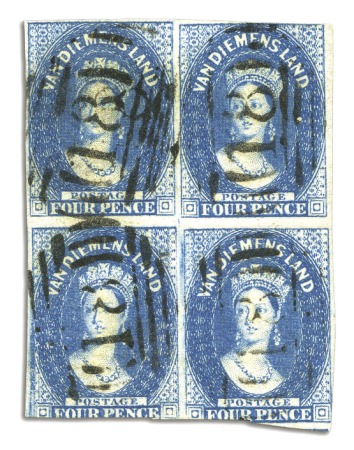 1855 4d Blue, three used blocks of fours in differ