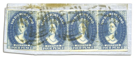 Stamp of Australia » Tasmania 1855 4d Blue strip of three and single (two differ