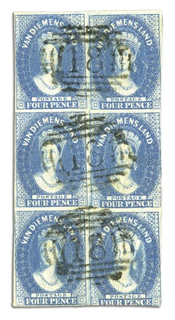 Stamp of Australia » Tasmania 1855 4d Blue used vertical block of six, touched i