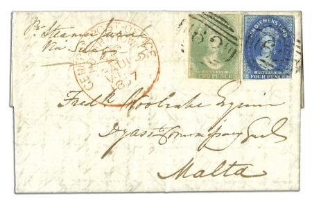 Stamp of Australia » Tasmania 1857 (Aug 13) Entire from Hobart to MALTA with 185