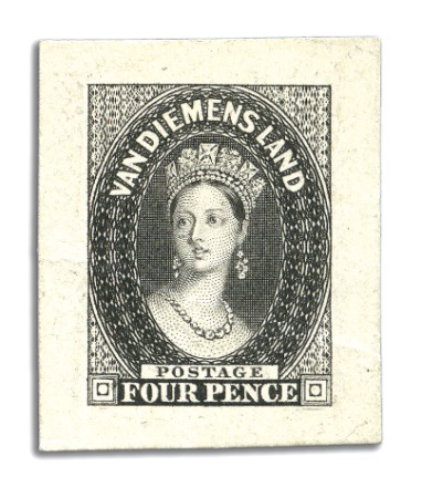 Stamp of Australia » Tasmania 1855 4d die proof in black on India paper affixed 