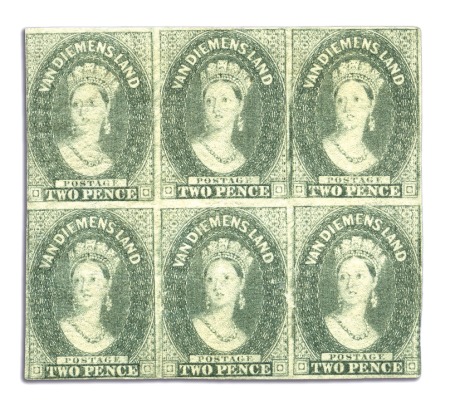 Stamp of Australia » Tasmania 1857-67 2d Slate Green mint og block of six, touch
