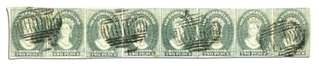 Stamp of Australia » Tasmania 1857-67 2d Slate Green used strip of eight, three 