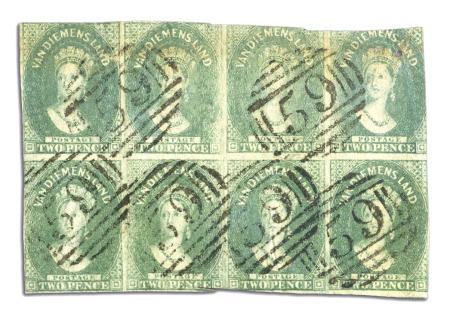 Stamp of Australia » Tasmania 1857-69 2d Green in used block of eight, cut into 