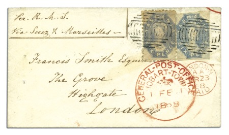 Stamp of Australia » Tasmania 1858 (Feb 1) Envelope from Hobart to England with 