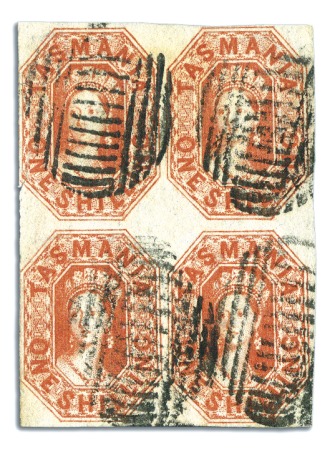 Stamp of Australia » Tasmania 1858 1s Dull Vermilion used block of four, slightl