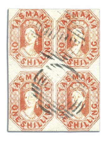 Stamp of Australia » Tasmania 1858 1s Vermilion used block of four, touched on t