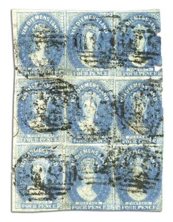Stamp of Australia » Tasmania 1857-69 4d Blue used block of 9 with inverted wate