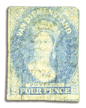 Stamp of Australia » Tasmania 1857-69 4d Bright Blue PRINTED ON BOTH SIDES varie
