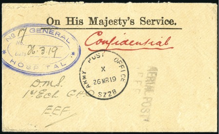 1919 OHMS envelope with blue GENERAL HOSPITAL cach