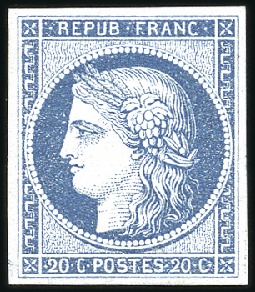 1849 20c bleu sur azuré, non-émis avec recto-verso