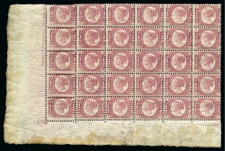Stamp of Great Britain » 1854-70 Perforated Line Engraved 1870 1/2d Rose-Red pl.14 PA-TF mint corner marginal block of 30 with plate no.