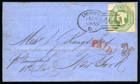 Stamp of Great Britain » 1847-54 Embossed 1855 (Dec 15) Wrapper from Liverpool to the USA with superb 1847 1s green
