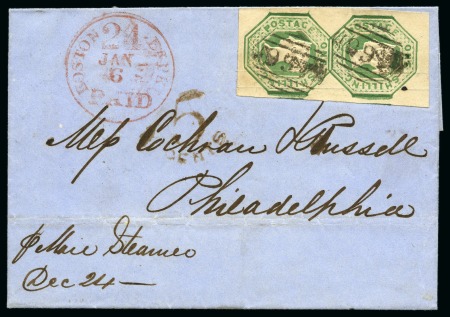 1853 (Dec 24) Wrapper from Liverpool to the USA with 1847 1s green vertical pair