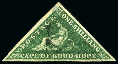 Stamp of South Africa » Cape of Good Hope 1855-63 1s Deep Dark Green with lightly struck triangular cancel