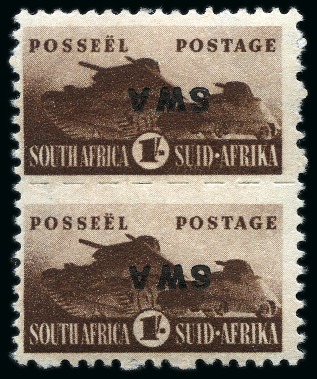 Stamp of South West Africa 1943-44 War Effort 1s brown se-tenant pair with inverted