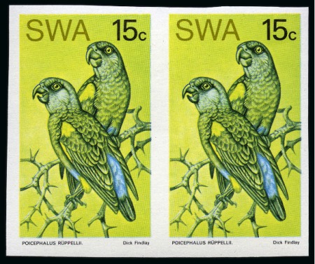Stamp of South West Africa 1974 Birds set in imperf. pairs mint nh and two 15c imperf. colour trial pairs