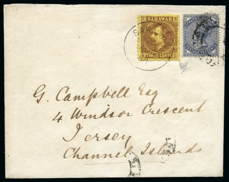 1888 Envelope to Jersey, bearing a Sarawak 3c brown