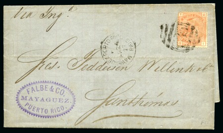 Stamp of Great Britain » British Post Offices Abroad » Porto Rico 1877 Entire sent to St Thomas bearing 4d vermillion pl.15 (SG Z39) tied with "F85"