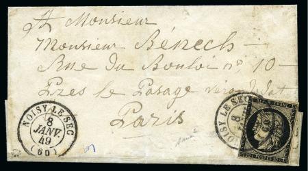 Stamp of France 08.01.1849 Càd type 15 Noisy le Sec 8 janvier 1849 sur 20c noir (touché à gauche), répété à côté sur lettre pour Paris, arr. 08.01 au dos, B/TB, signé Baudot, Roumet