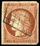 1849 1F vermillon foncé, bien margé, obl. grille,