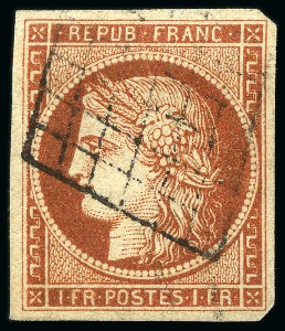 1849 1F vermillon foncé, bien margé, obl. grille,