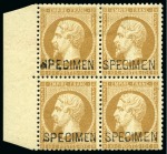 1862 10c Empire dentelé surchargé SPECIMEN en bloc de 4 avec bord de feuille, neuf avec charnière sur la paire du haut, TB, rare, cert. Robineau