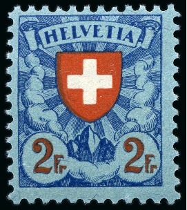 Stamp of Switzerland / Schweiz » Schweiz ab 1907 1924 Wappenmuster 2Fr. ultramarin, rot und hellblau,