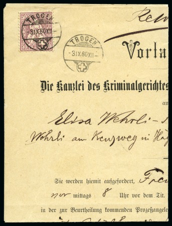 Stamp of Switzerland / Schweiz » Sitzende Helvetia Gezaehnt » Frankaturen 50C lila, weisses Papier, entwertet TROGEN 3 IX 60