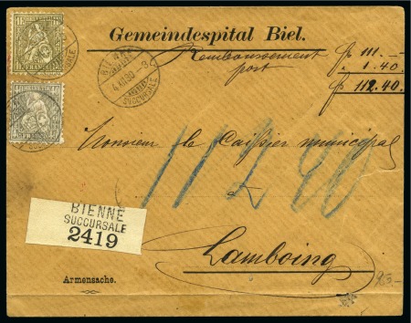 Stamp of Switzerland / Schweiz » Sitzende Helvetia Gezaehnt » Frankaturen 1Fr. golden und 40C grau, weisses Papier, entwertet