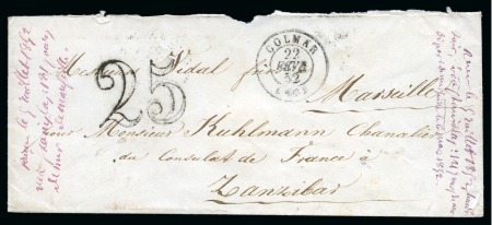 Zanzibar 1852. Incoming envelope sent from Colmar France